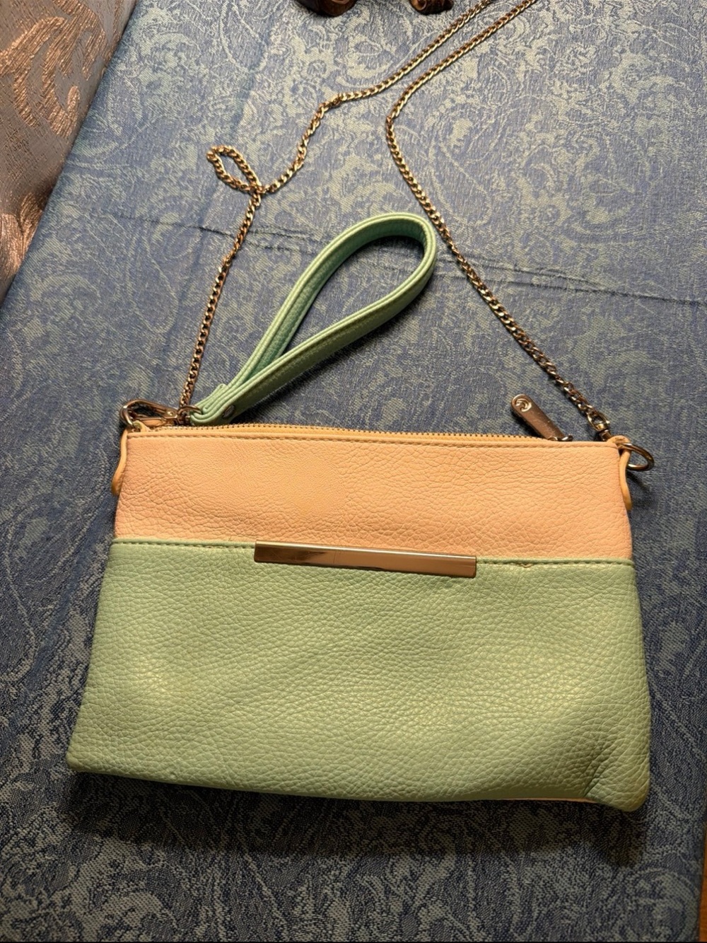 Two-Tone Mint & Peach Wristlet Clutch with Gold Accent